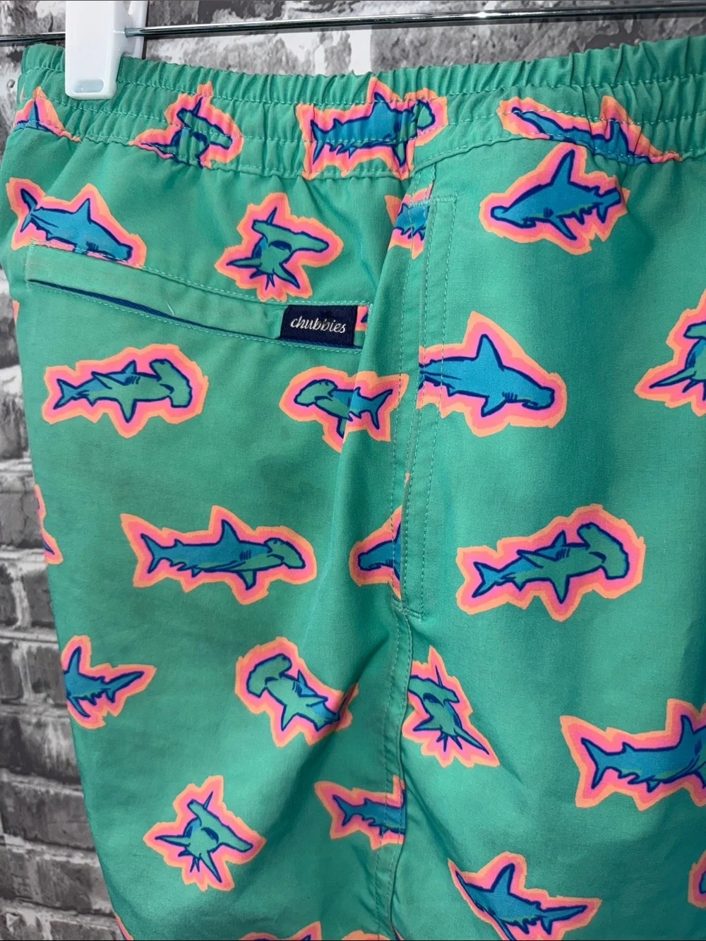 Boy's chubbies Teal Swim Trunks with Neon Shark‎ Print